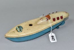 A SUTCLIFFE 'BLUEBIRD' TINPLATE CLOCKWORK SPEEDBOAT, not tested, no key, play worn condition with