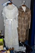 A 1970'S EDWARDIAN STYLE PRONUPTIA WEDDING DRESS TOGETHER WITH A MAXI LENGTH FUR COAT, the dress