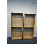 TWO MODERN OAK FINISH OPEN BOOKCASES, width 80cm x depth 28cm x height 203cm (condition:-missing