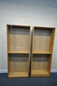 TWO MODERN OAK FINISH OPEN BOOKCASES, width 80cm x depth 28cm x height 203cm (condition:-missing