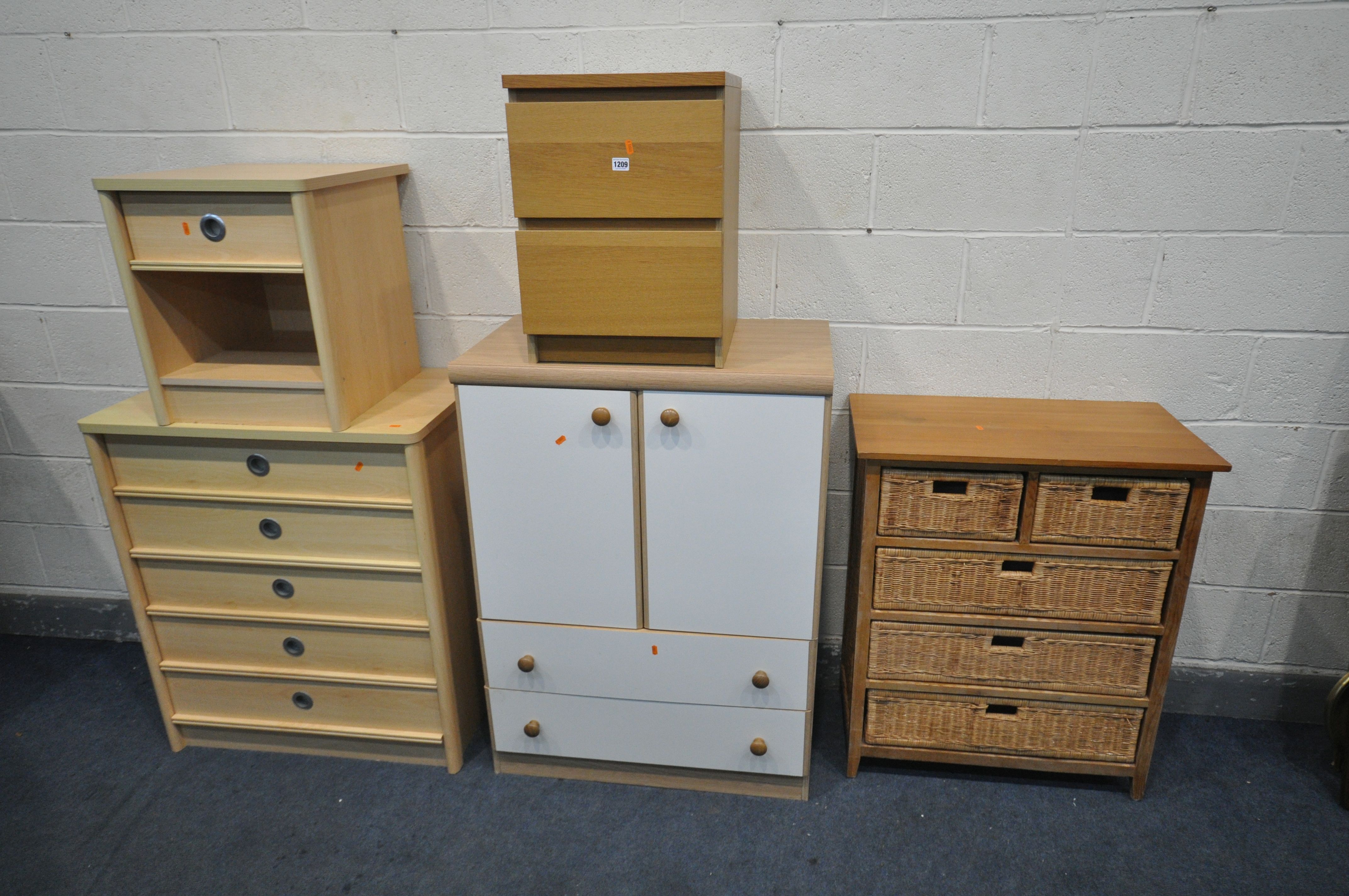 A SELECTION OF VARIOUS CHEST OF DRAWERS, to include a beech effect chest of five long drawers, and