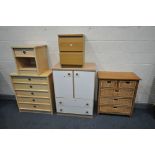 A SELECTION OF VARIOUS CHEST OF DRAWERS, to include a beech effect chest of five long drawers, and