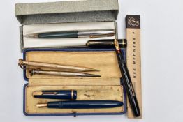 THREE PENS AND TWO PROPELLING PENCILS, to include a 'Parker Senior Duofold' blue laquear fountain