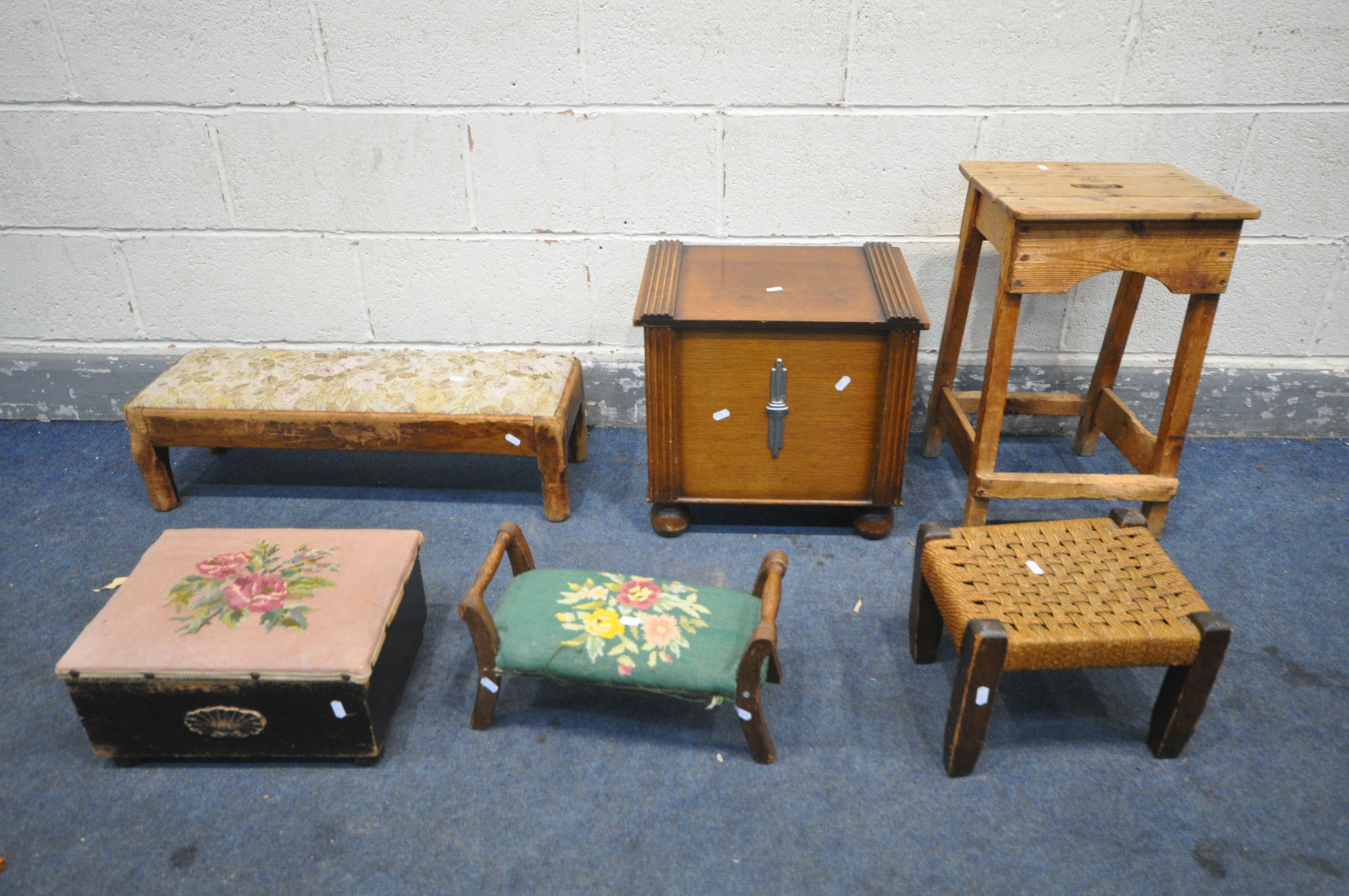 A SELECTION OF OCCASIONAL FURNITURE, to include a pine slatted stool, oak log box, long footstool,