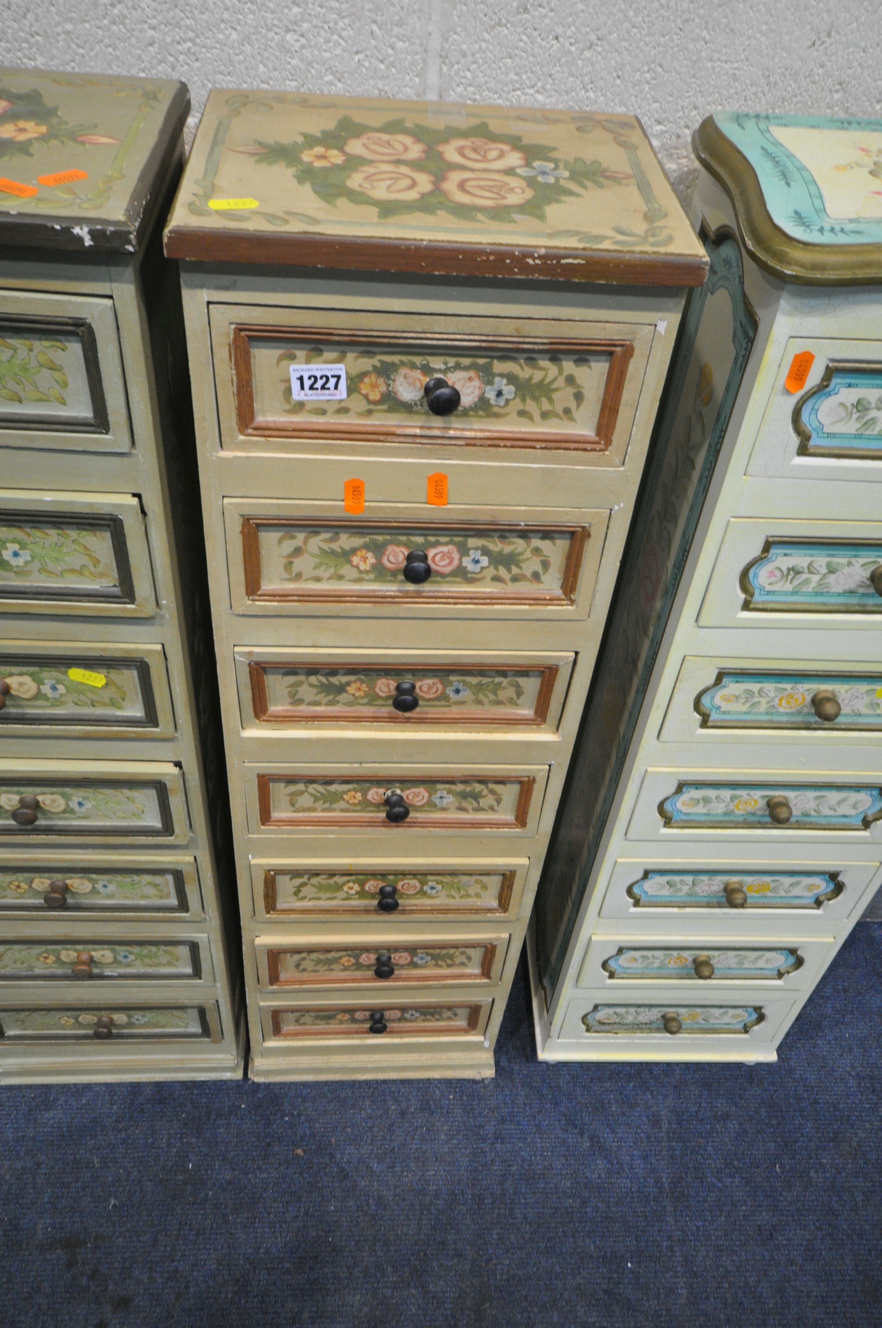 THREE FLORALLY PAINTED TALL SLIM CHEST OF SEVEN DRAWERS, width 28cm x depth 22cm x height 97cm ( - Image 3 of 5