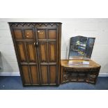 A 20TH CENTURY OAK FOUR PIECE BEDROOM SUITE, comprising a linenfold double door wardrobe, with