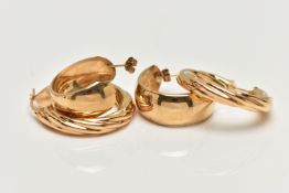 TWO PAIRS OF HOOP EARRINGS, the first a pair of hollow twist hoops with lever fittings, hallmarked