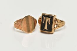 A 9CT GOLD SIGNET RING AND A YELLOW METAL INIITIAL SIGNET RING, the AF polished oval signet ring,