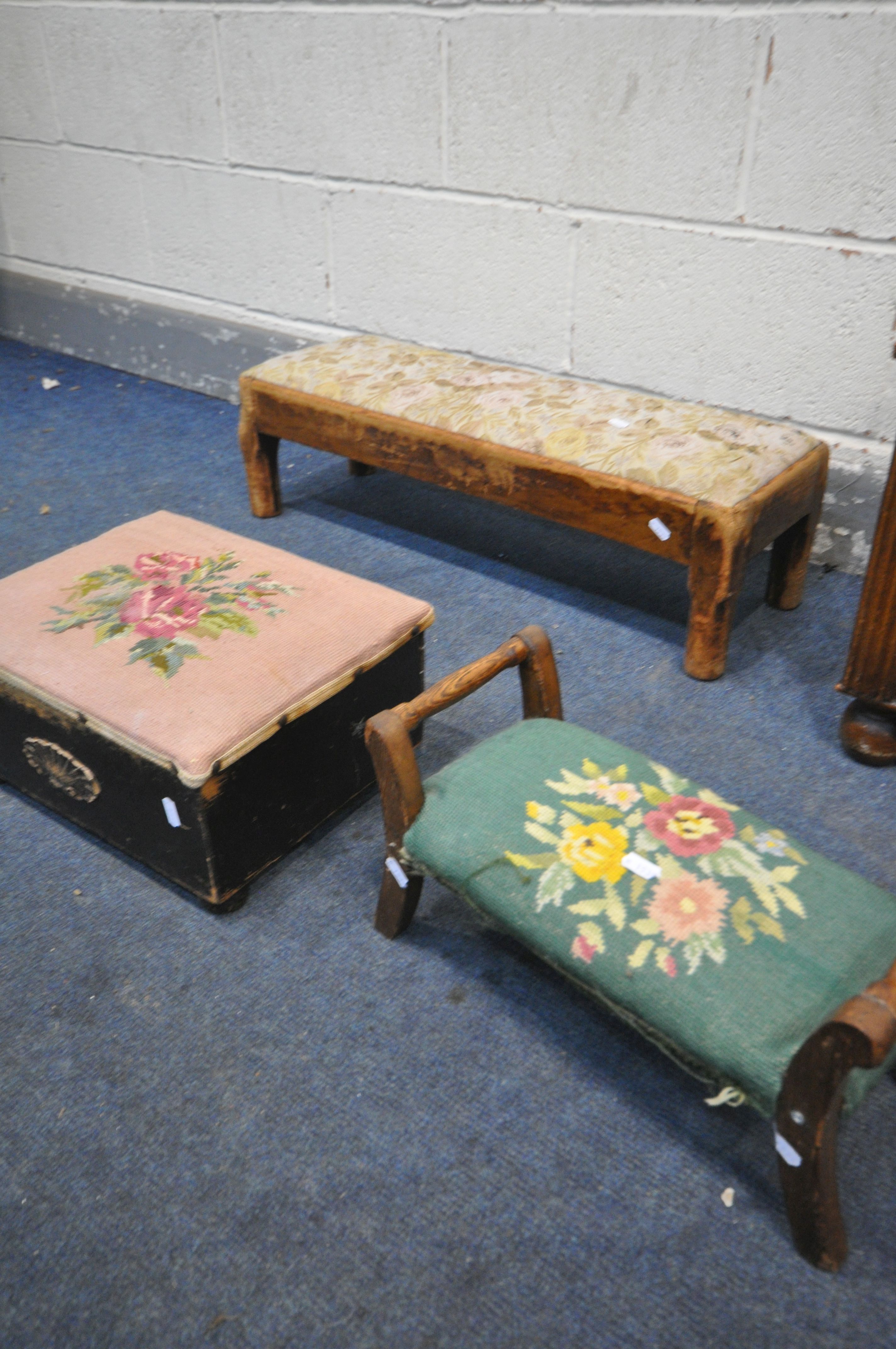 A SELECTION OF OCCASIONAL FURNITURE, to include a pine slatted stool, oak log box, long footstool, - Image 3 of 4