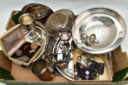 A BOX OF ASSORTED WHITE METAL WARE, to include four silver coffee spoons, each hallmarked Sheffield,