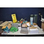 A COLLECTION OF NEW BOXED AND USED GARDEN SOLAR LAMPS, garden mesh and garden tools