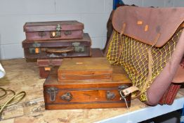 A GROUP OF VINTAGE LUGGAGE AND WOODEN BOXES, comprising a Brady Halesowen fishing/game bag with