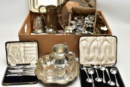 A BOX OF ASSORTED WHITE METAL WARE, to include a small box of collectable teaspoons, such as a