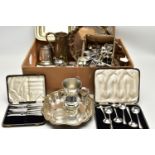 A BOX OF ASSORTED WHITE METAL WARE, to include a small box of collectable teaspoons, such as a