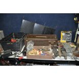 AN AMMO BOX AND TWO TRAYS CONTAINING ENGINEERS MARKING EQUIPMENT, mechanics tools, etc including a
