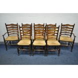 A SET OF EIGHT REPRODUCTION 19TH CENTURY STYLE OAK LANCASHIRE CHAIRS, with ladder backs and loose