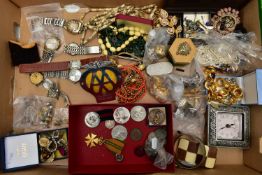 A BOX OF ASSORTED ITEMS, to include an assortment of brooches, buckles, necklaces, bracelets and