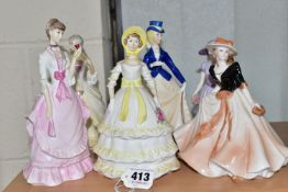 SIX ROYAL WORCESTER FIGURINES, comprising three matte glazed figurines 'Invitation', 'Crinoline' and