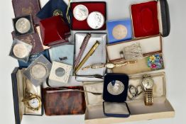 A BOX OF ASSORTED SILVER AND OTHER ITEMS, to include a pair of silver sugar tongs, hallmarked London