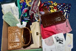 ONE BOX OF VINTAGE LADIES HANDBAGS AND HEAD SCARVES, to include a box of 1930's linen templates