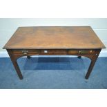 A 19TH CENTURY WALNUT SIDE TABLE, with three drawers, on square legs, length 119cm x depth 59cm x