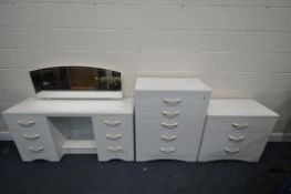 A WHITE FINISH THREE PIECE BEDROOM SUITE, comprising a dressing table, with a single mirror, width