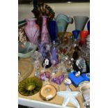 A COLLECTION OF GLASSWARE, to include four Caithness swirly coloured vases tallest 13cm, an