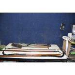 SIX VINTAGE GARDENING EQUIPMENT all in restored condition including a spade, fork, rake, forked hoe,