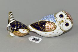 TWO ROYAL CROWN DERBY PAPERWEIGHTS, comprising Wren height 6cm (end of beak chipped), and Owl length