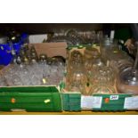 THREE BOXES OF GLASSWARES, to include nine clear glass jelly moulds, pressed glass fruit bowls, a