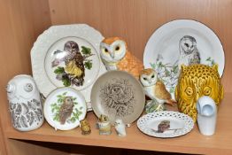 A COLLECTION OF OWL THEMED CERAMICS, to include a Carlton Ware moneybox owl printed with feathers, a