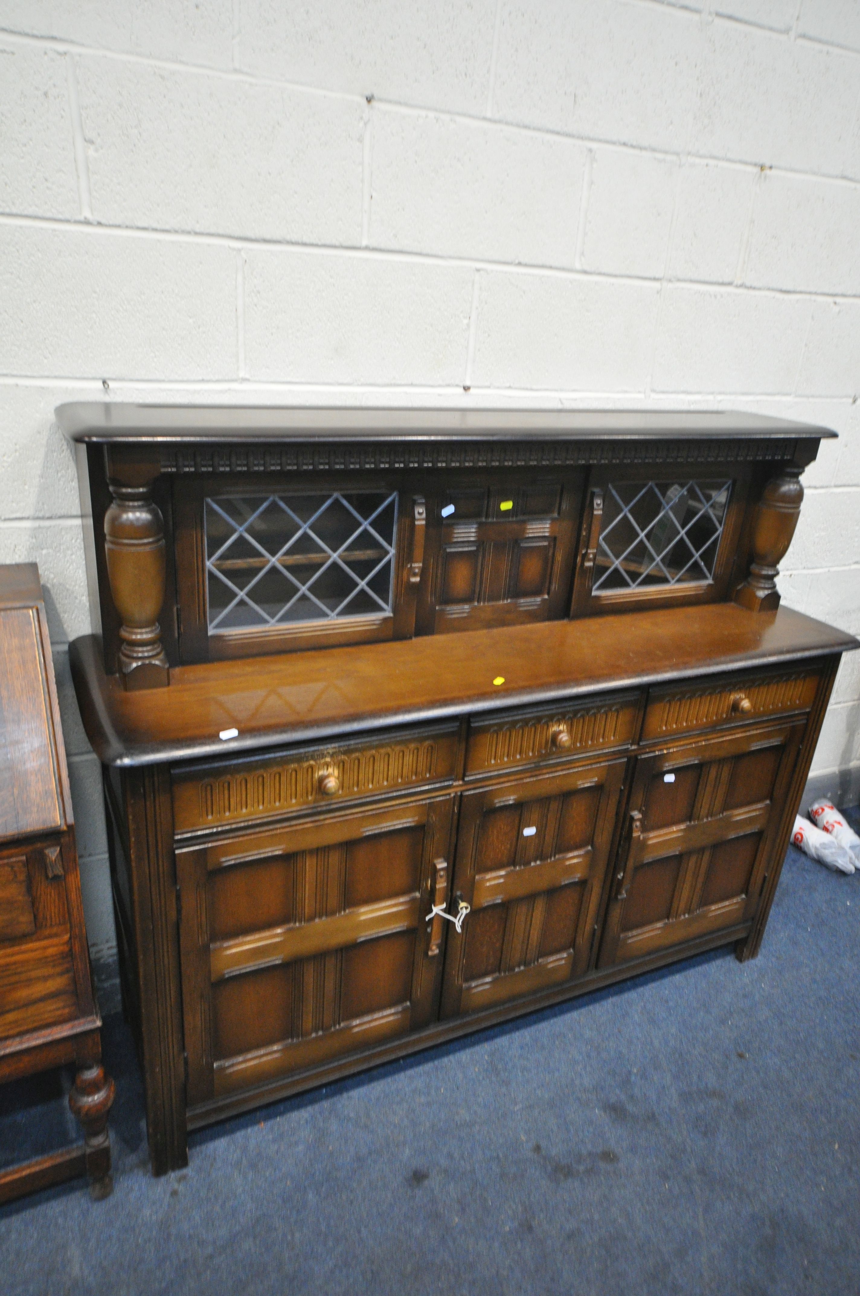 A PRIORY OAK COURT CUPBOARD, width 153cm x 46cm x height 127cm along with a glazed corner - Image 2 of 4