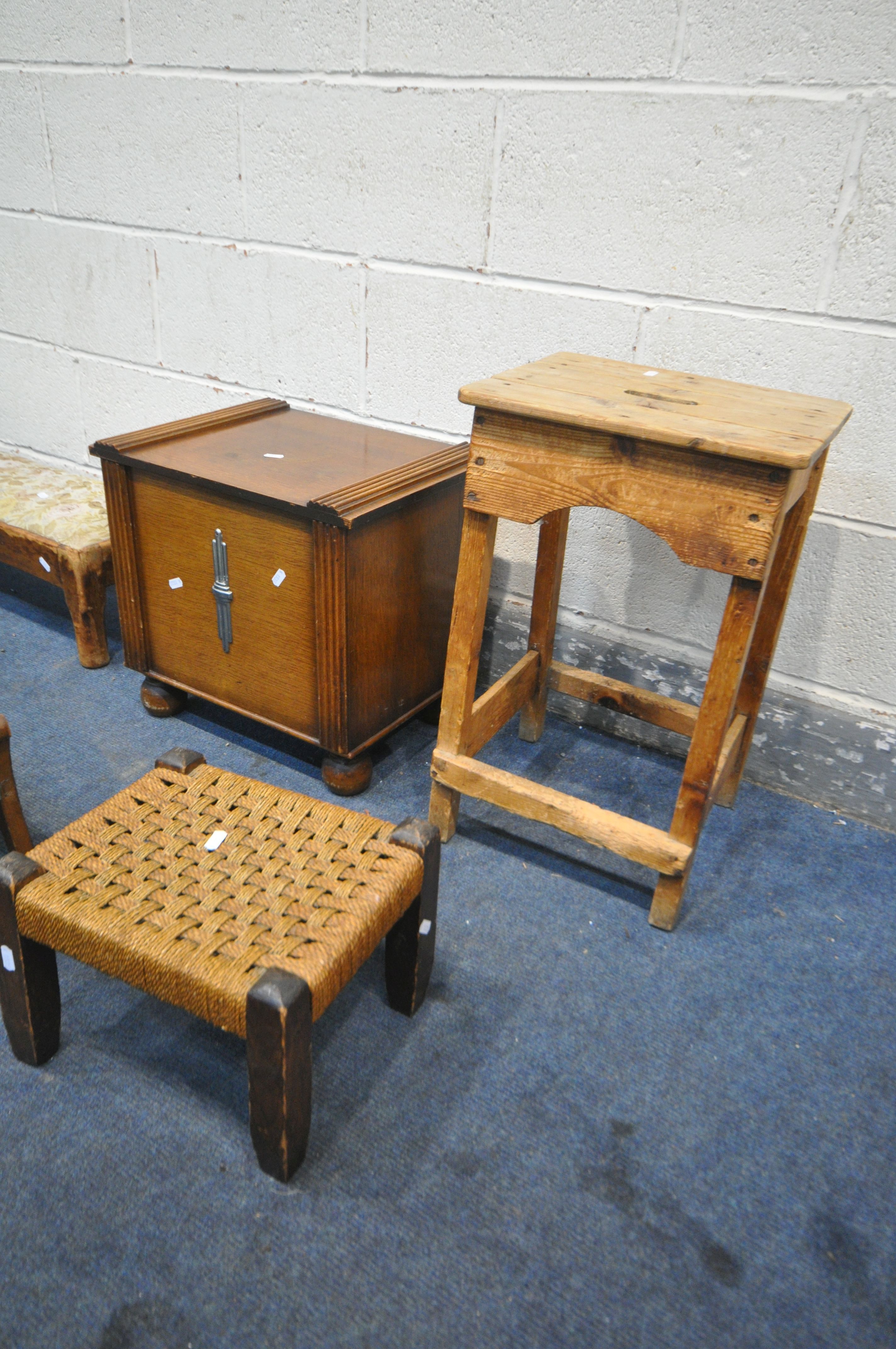 A SELECTION OF OCCASIONAL FURNITURE, to include a pine slatted stool, oak log box, long footstool, - Image 2 of 4