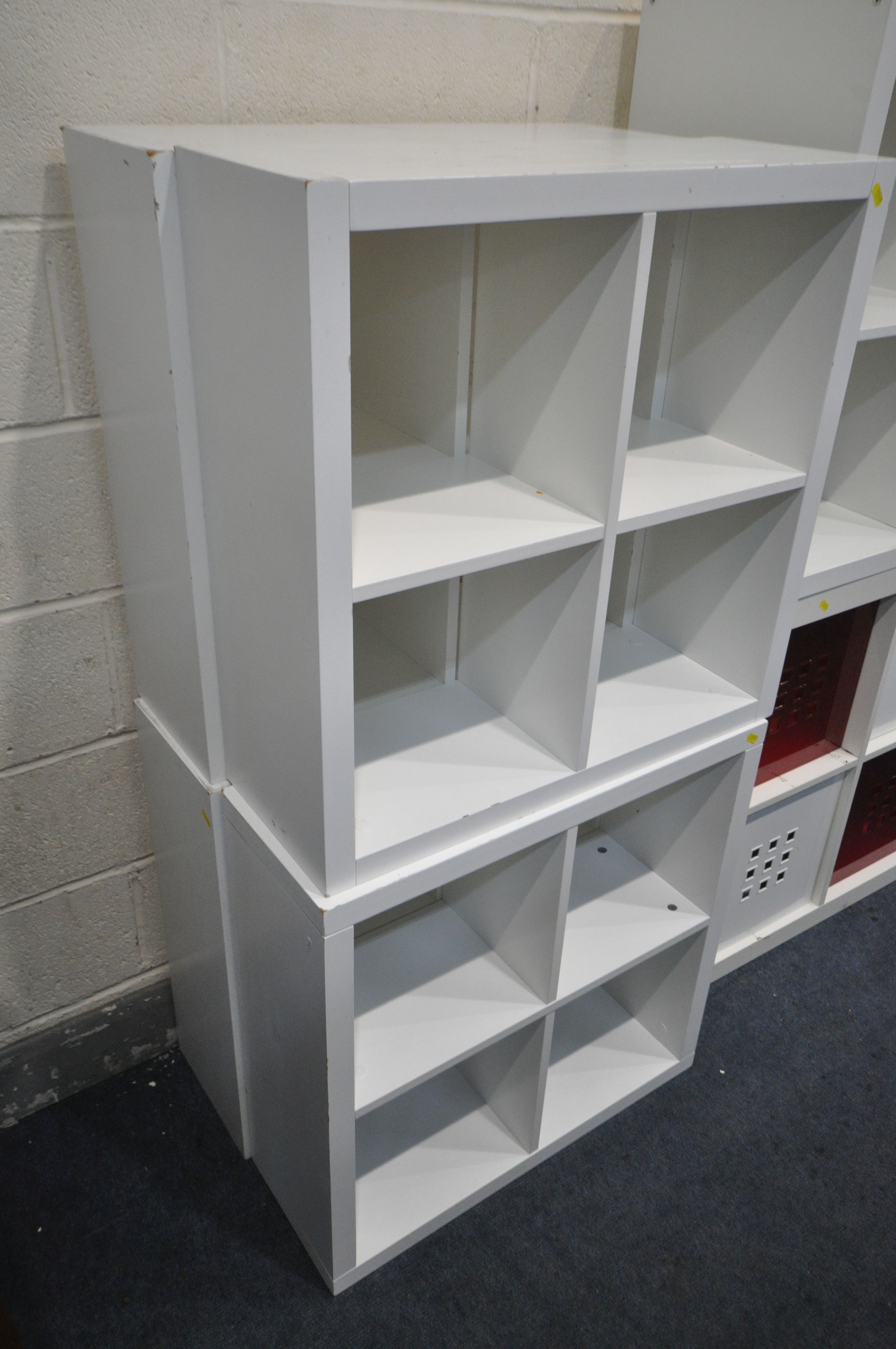 TWO WHITE FINISH STORAGE SHELVES, with a total of twelve plastic boxes, along with a similar five - Image 2 of 3