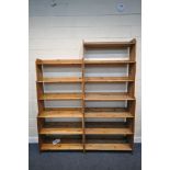 TWO TALL PINE WATERFALL OPEN BOOKCASES, largest width 100cm x depth 33cm x height 234cm (condition -