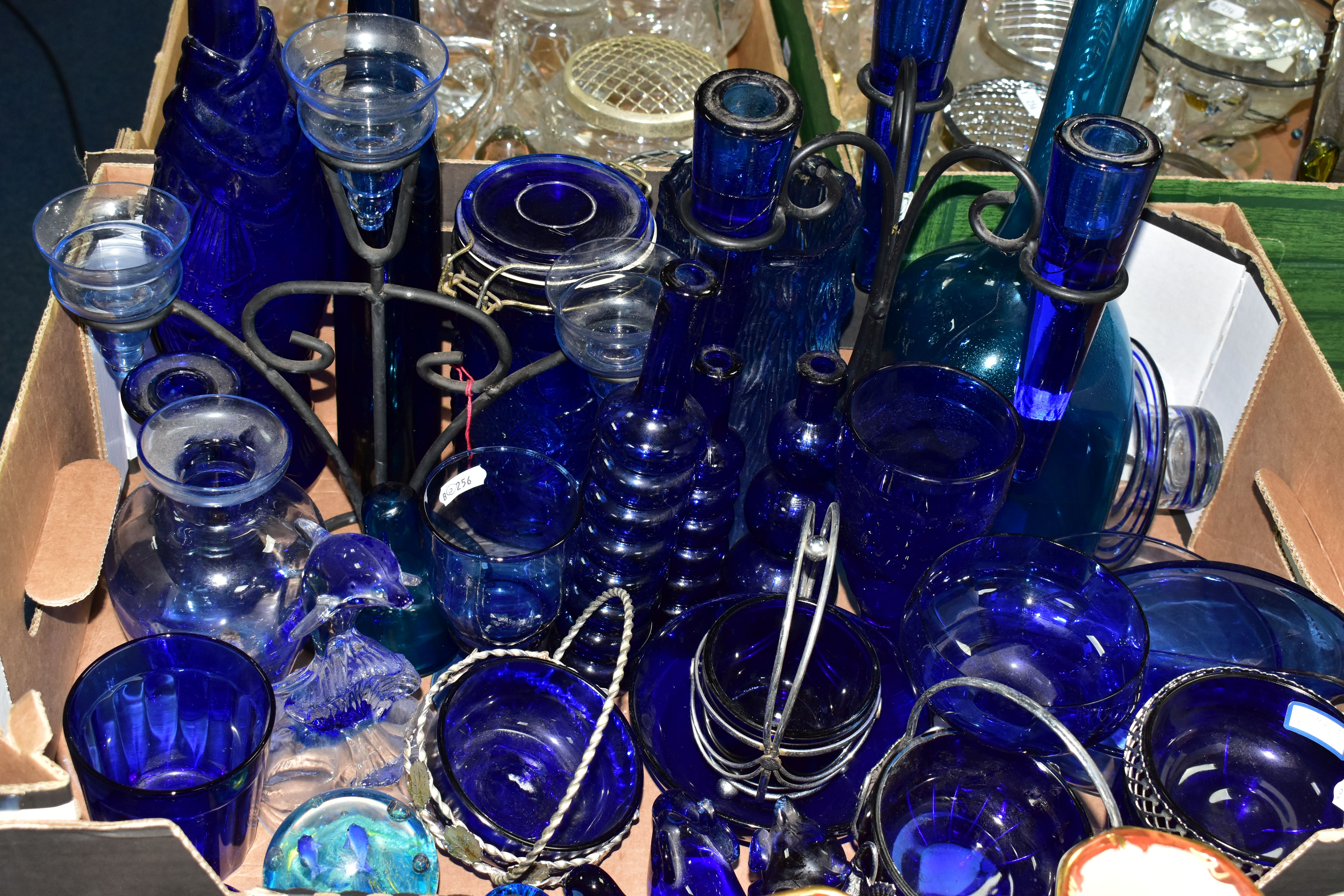 THREE BOXES OF GLASSWARES, to include a box of blue glass containing bottles, vases tallest 50. - Image 3 of 7