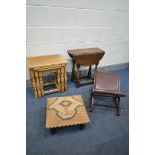 AN OAK DROP LEAF OCCASIONAL TABLE, an oak nest of three tables, a folding gout stool, and a