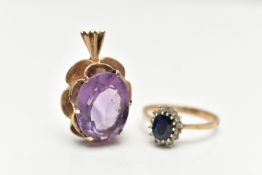 A 9CT GOLD SAPPHIRE AND DIAMOND CLUSTER RING AND A 9CT GOLD AMETHYST PENDANT, the oval cluster ring,