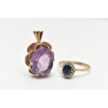 A 9CT GOLD SAPPHIRE AND DIAMOND CLUSTER RING AND A 9CT GOLD AMETHYST PENDANT, the oval cluster ring,