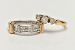 TWO 9CT GOLD RINGS, the first a white gold band ring, set with twenty princess cut diamonds in an