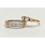 TWO 9CT GOLD RINGS, the first a white gold band ring, set with twenty princess cut diamonds in an