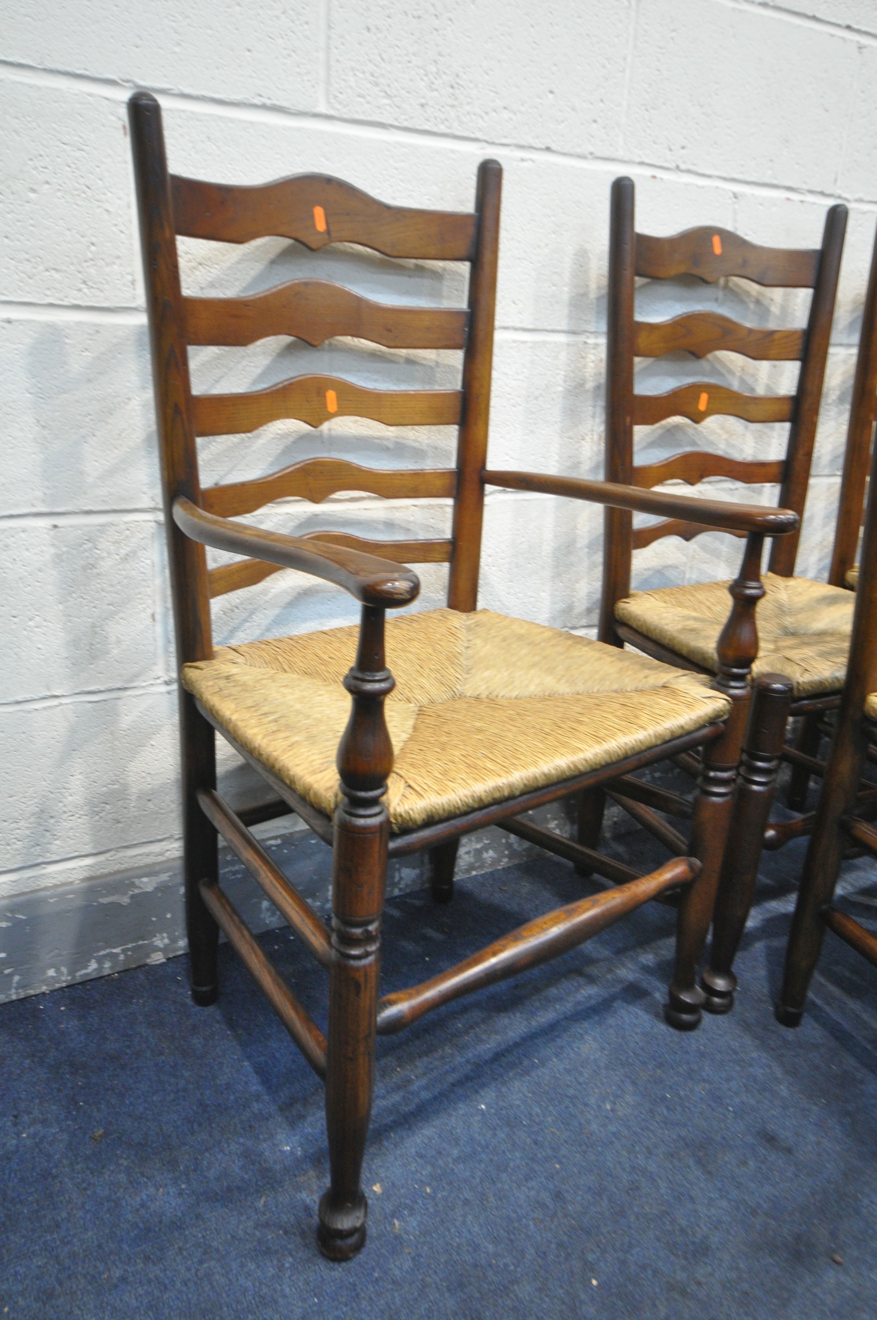 A SET OF EIGHT REPRODUCTION 19TH CENTURY STYLE OAK LANCASHIRE CHAIRS, with ladder backs and loose - Image 3 of 4