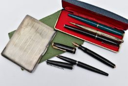 A SILVER CIGARETTE CASE AND ASSORTMENT OF PENS, a silver case of rectangular form, engine turned