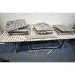 A STAINED WOOD IKEA FOLDING PATIO TABLE, length 220cm x depth 101cm x height 73cm, four chairs and