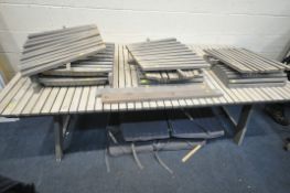 A STAINED WOOD IKEA FOLDING PATIO TABLE, length 220cm x depth 101cm x height 73cm, four chairs and