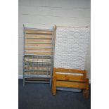 A PINE SINGLE BED FRAME, with a mattress, along with a metal single bed frame (2)