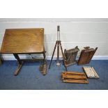 A SELECTION OF VINTAGE ARTISTS EQUIPMENT, to including an oak adjustable draughtsman's table, a