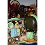 TWO BOXES OF BAKELITE AND OTHER EARLY PLASTIC ITEMS, to include bowls, cups, trinket boxes, table