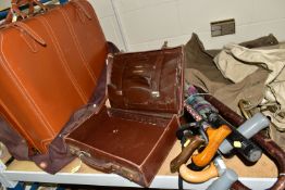 A VINTAGE LEATHER SUITCASE, BRIEFCASE, WALKING STICKS AND BAGS, comprising a large tan Cheney