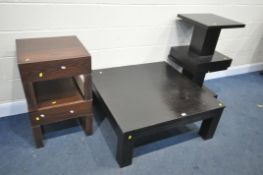 A BLACK FINISH SQUARE COFFEE TABLE, 102cm squared x height 40cm, a similar pair of side tables,